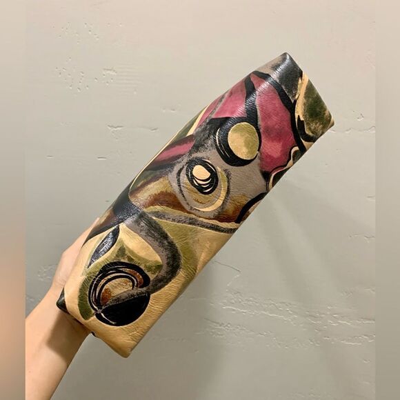 Abstract Print Genuine Cowhide Handmade Double Kisslock Bag with 2 Strap Styles - Picture 13 of 16